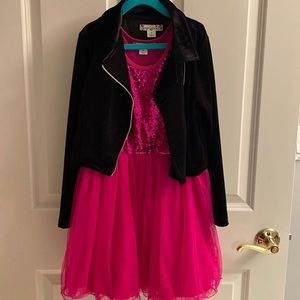 Adorable hot pink holiday dress with cute velvet jacket. Worn once